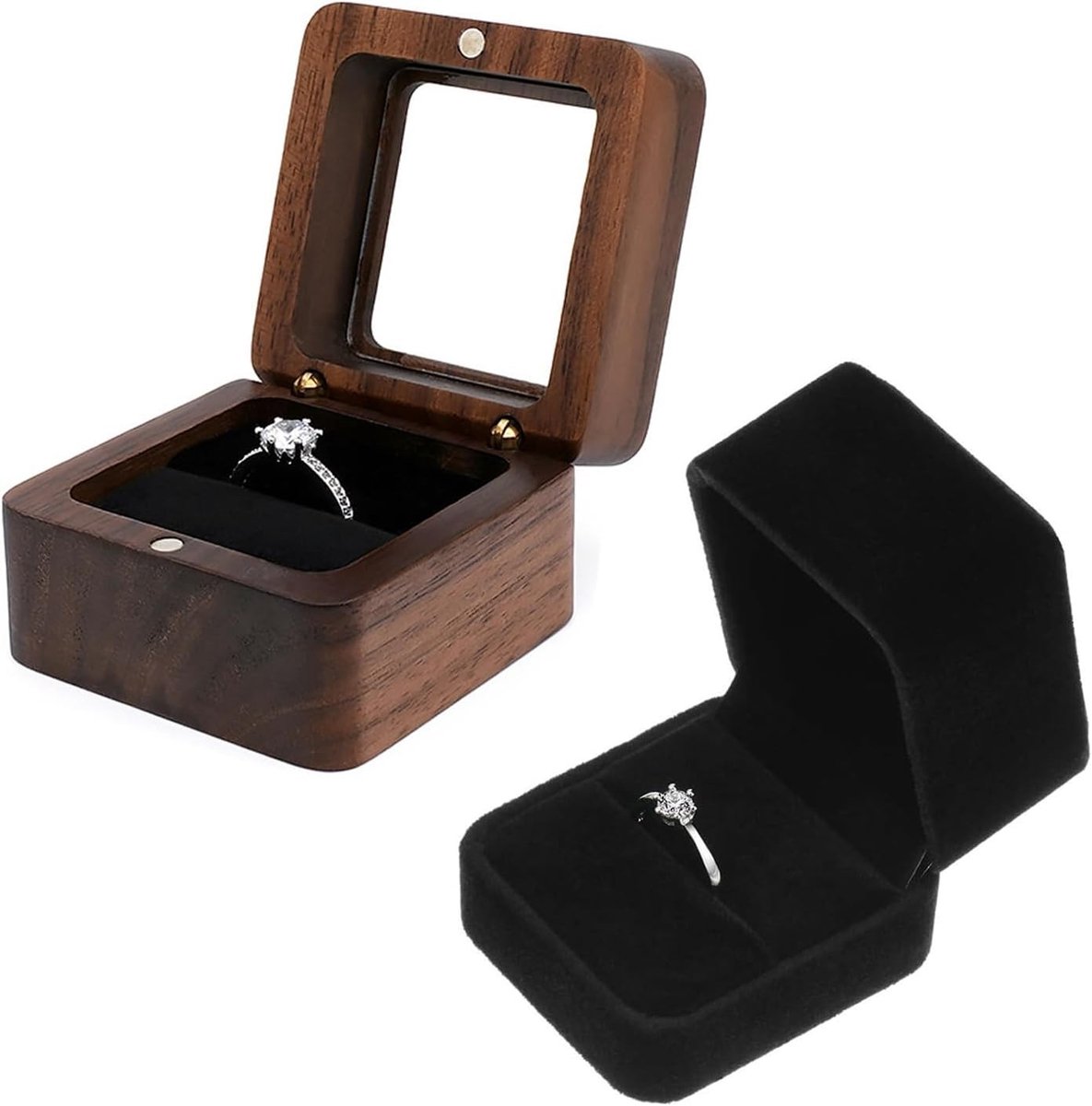 Elegante Ringdoos Set van 2 voor Verlovingen, Vintage Walnoot en Fluwelen Afwerking, Perfect als Cadeau voor Valentijnsdag en Trouwerijen