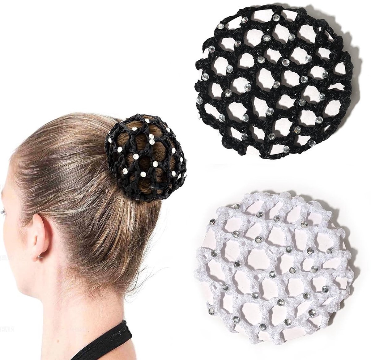 Allecto - Haarknoopnet - Haarnetje voor meisjes - Elastisch net voor haarknot - Zwart en wit - Perfect voor ballet en dans - 2 stuks
