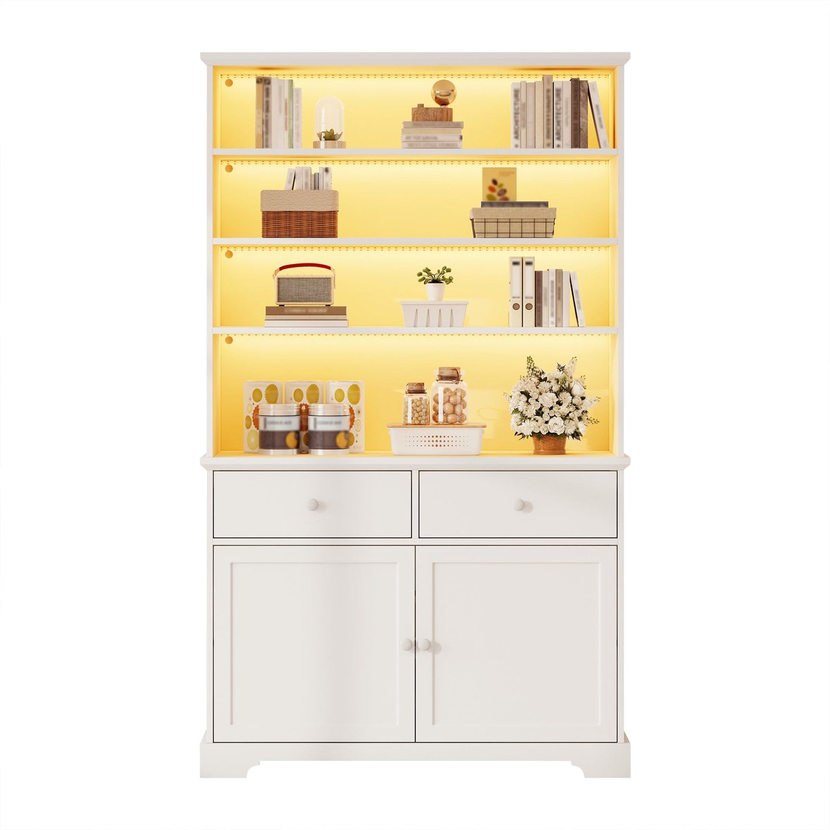 Merax Vitrinekast Wit - Boekenkast met LED Verlichting - Opbergkast met Deuren en Laden - Displaykast Woonkamer - 100x38x170 cm