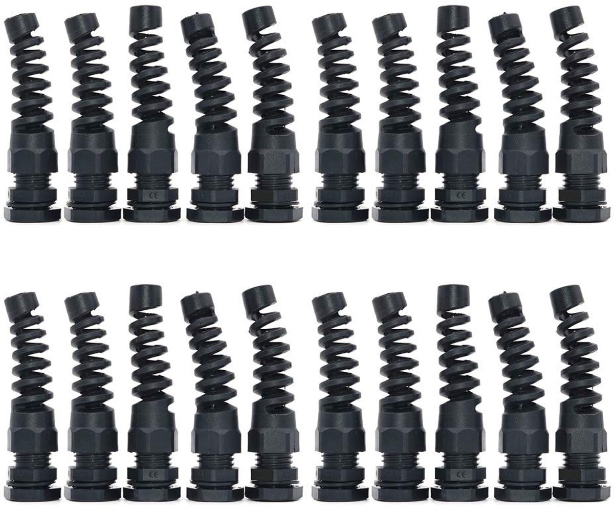 Allecto - Waterdichte Kabelconnectoren - Spiraal Trekontlasting - 20 Stuks - Zwart - Elektriciteit - Verbinding - M12 - Tuin en Buiten - Kabelverbi...