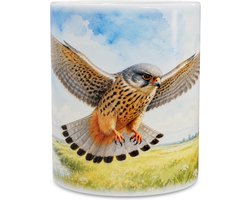 Unieke mok met roodpootvalk boven de weilanden - Gekleurde roofvogel aquarel illustratie met natuurlandschap - Origineel cadeau voor vogel liefhebbers en natuurvrienden - Theemok of koffiekop