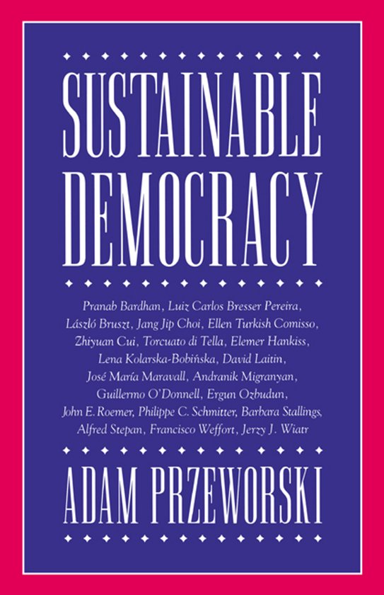 Boekomslag 'Sustainable Democracy' met de tekst 'SUSTAINABLE DEMOCRACY' op een blauwe achtergrond met witte stippen en de namen van bijdragers en Adam Przeworski.