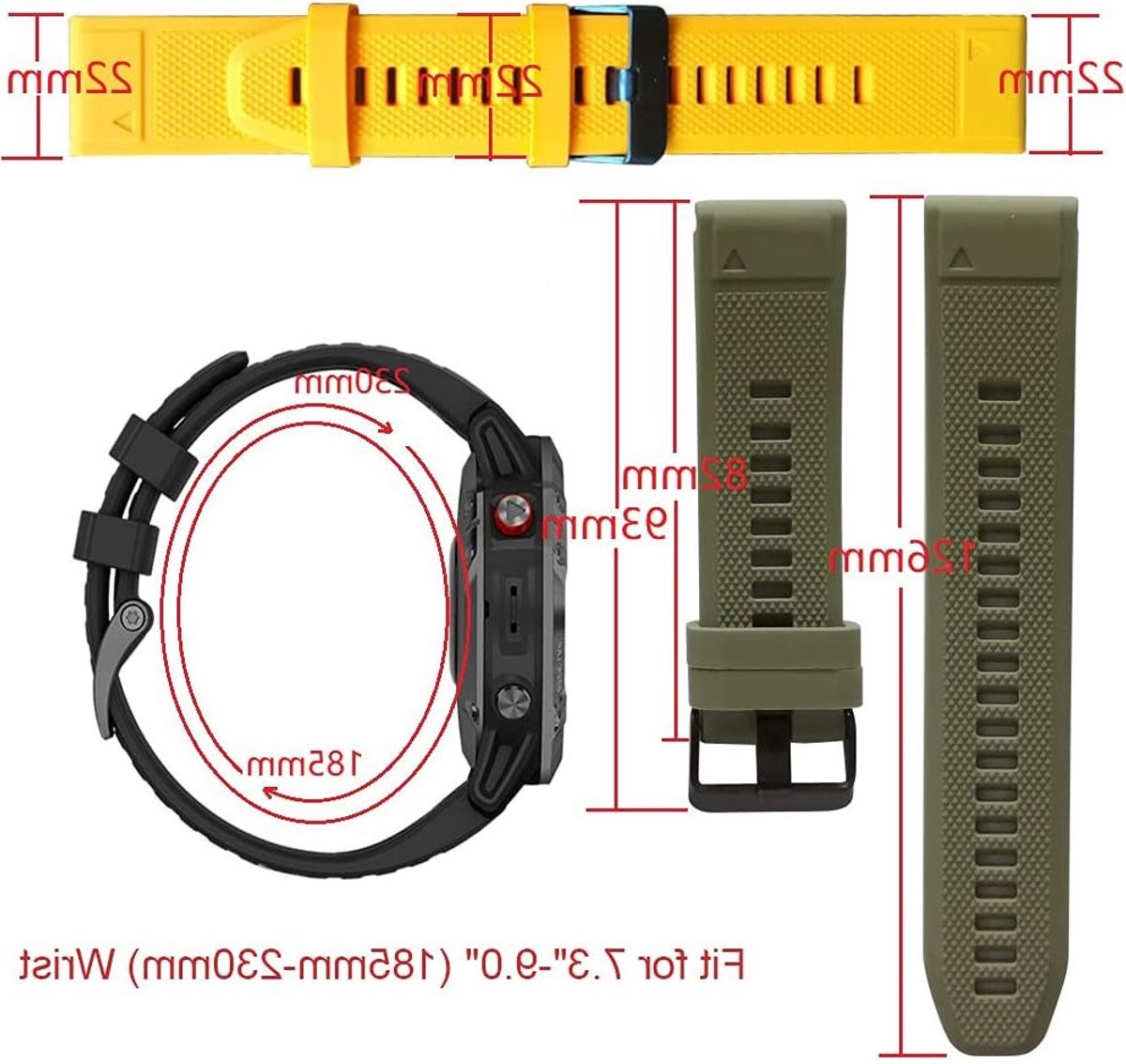 22mm QuickFit Horlogeband voor Garmin Fenix 8, 7, 6, 5 en Forerunner 965, 955, 945, 935, 745 - Vervangbare Silicone Polsband voor Sport en Activiteiten, 230mm