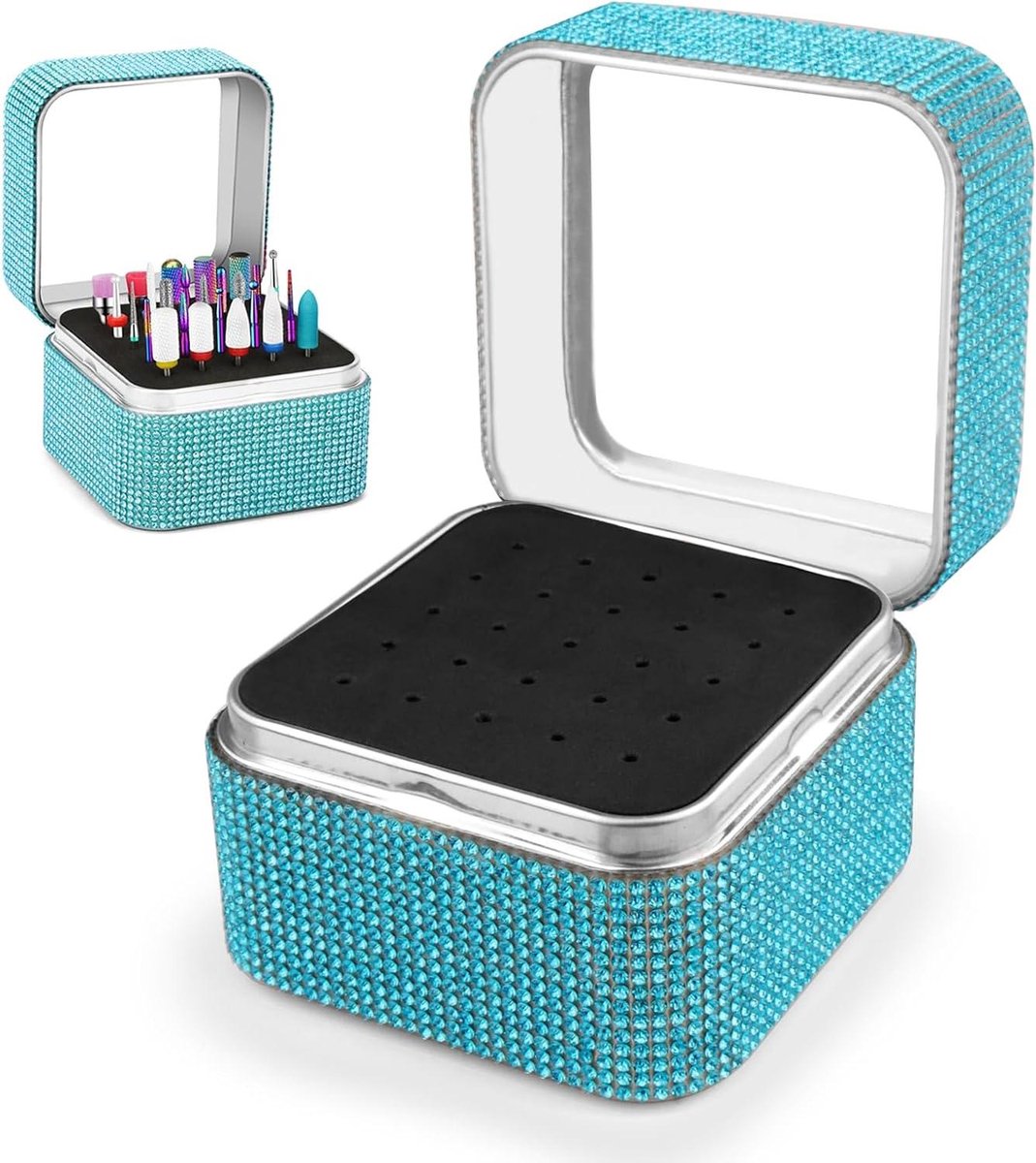 Nagelboor Houder - Opbergdoos Boren - Nagel Boren Organiseren - Luxe Strass Design - 25 Boren - Meerblauw