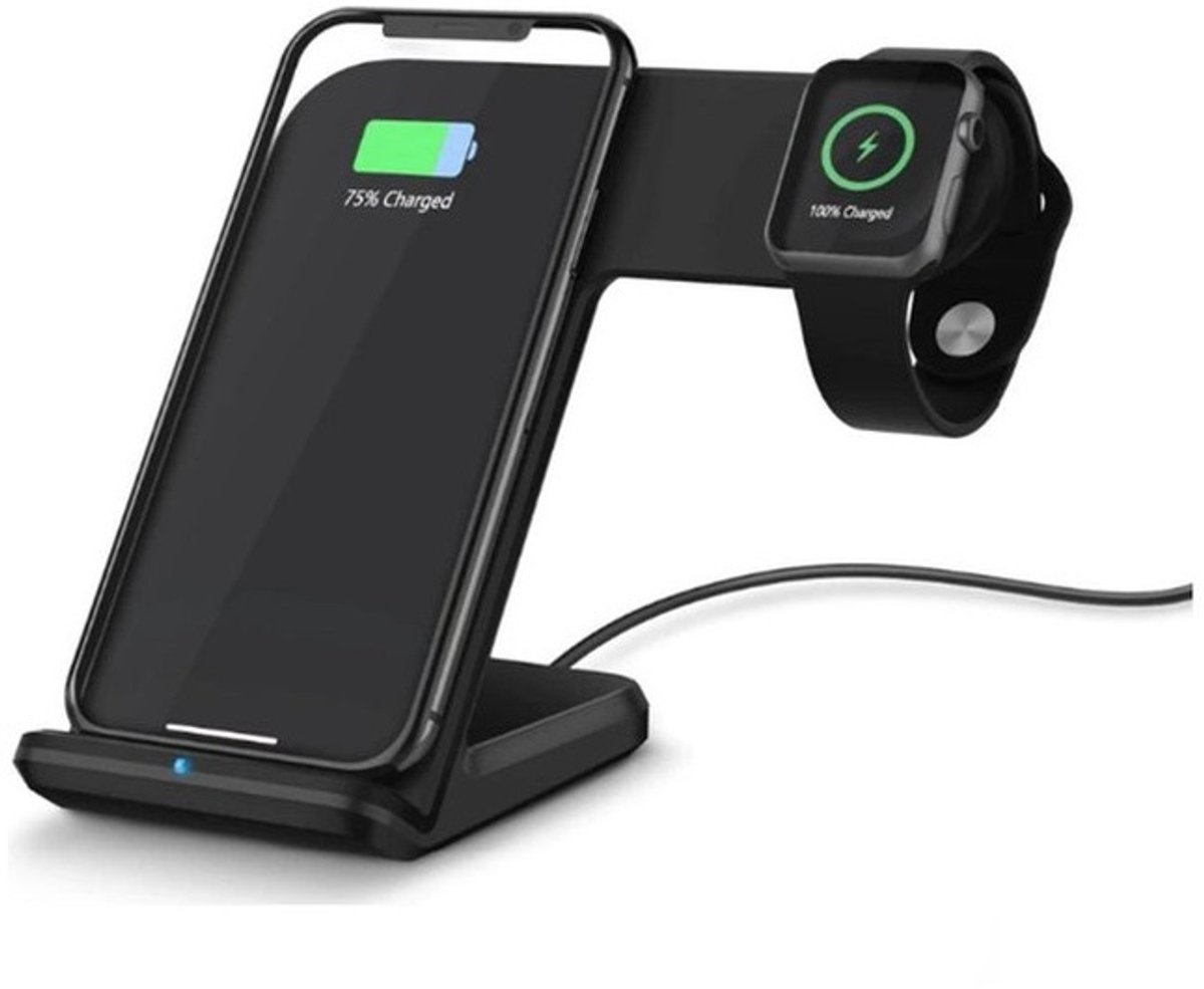 DrPhone 2-in-1 Draadloze Oplader – Oplaadstation 10W – Geschikt voor iPhone, Android en Apple Watch 38-45mm – Zwart