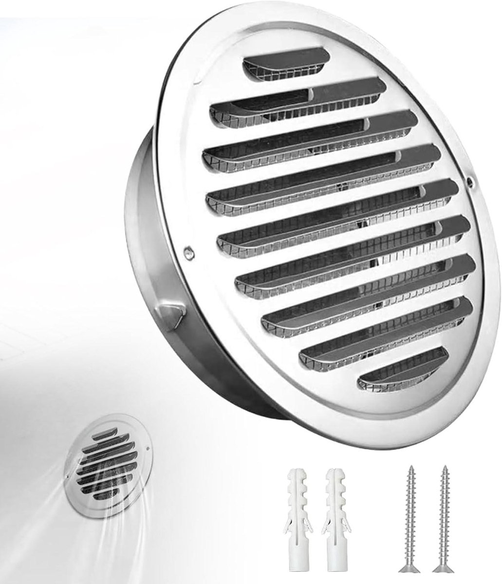 Ventilatierooster Rond - Afvoerrooster Ontluchting - Luchtcirculatie Verbeteren - Insectenbescherming - 80mm Diameter - Zilver