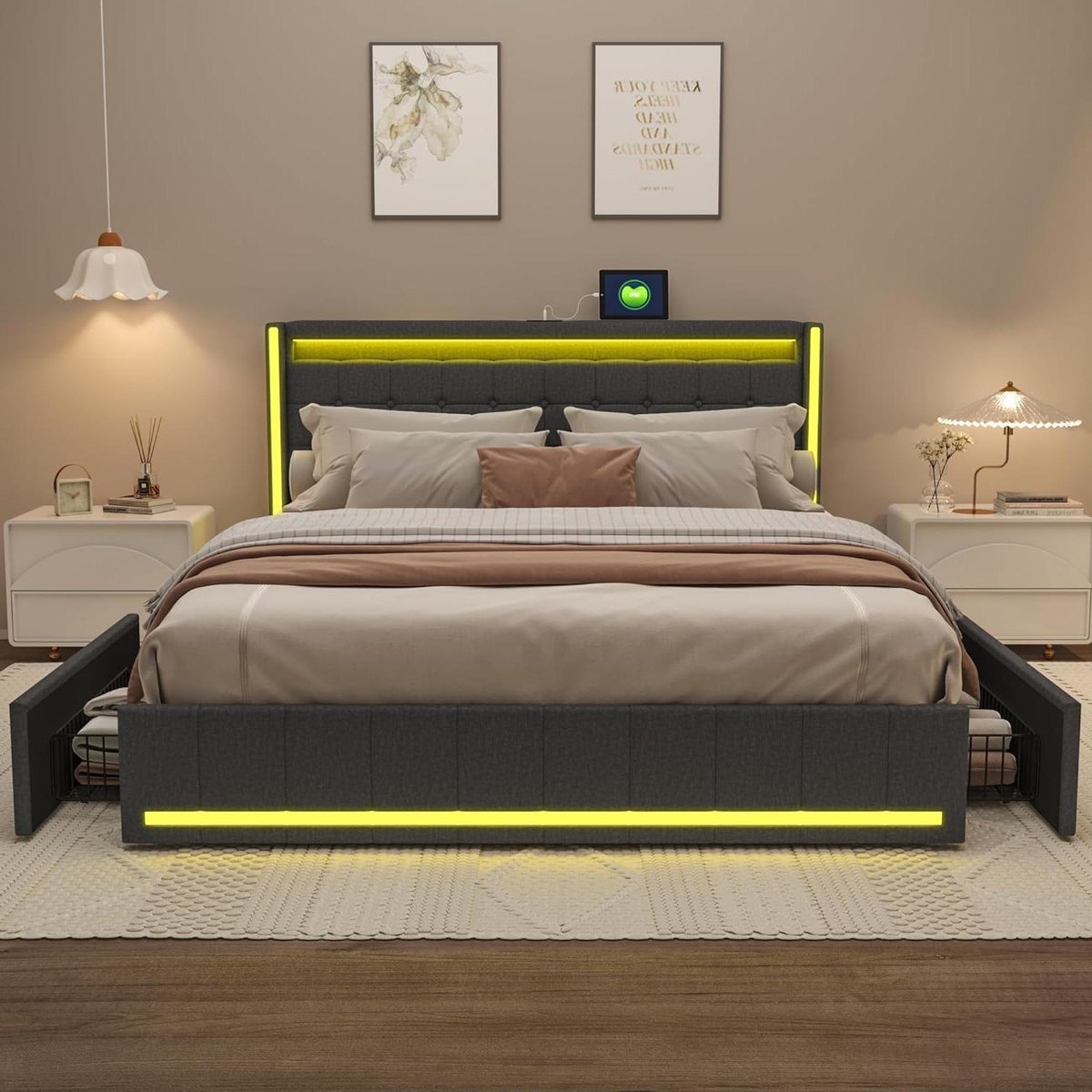 Gestoffeerd Bed - Linnen Bed - Opbergen Slaapkamer - Met USB Opladen - 180x200 cm - Donkergrijs