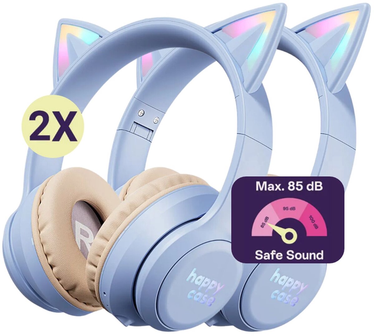 HappyCase Popz - Duo Pack Kinder Koptelefoon Draadloos - Kattenoortjes - Koptelefoon Voor Kinderen - Ledverlichting - Ingebouwde Microfoon - Over-Ear - 85db volumebregrenzer - Bluetooth - Paars