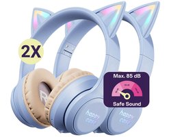 HappyCase Popz - Duo Pack Kinder Koptelefoon Draadloos - Kattenoortjes - Koptelefoon Voor Kinderen - Ledverlichting - Ingebouwde Microfoon - Over-Ear - 85db volumebregrenzer - Bluetooth - Paars