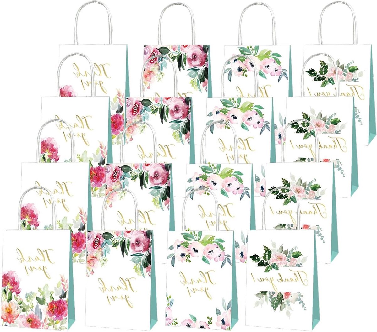 Cadeauzakjes met Handvatten - Papieren Tassen Bedankzakjes - Feestelijke Cadeaus Verpakken - Bloemen Ontwerp - 48 stuks - Wit