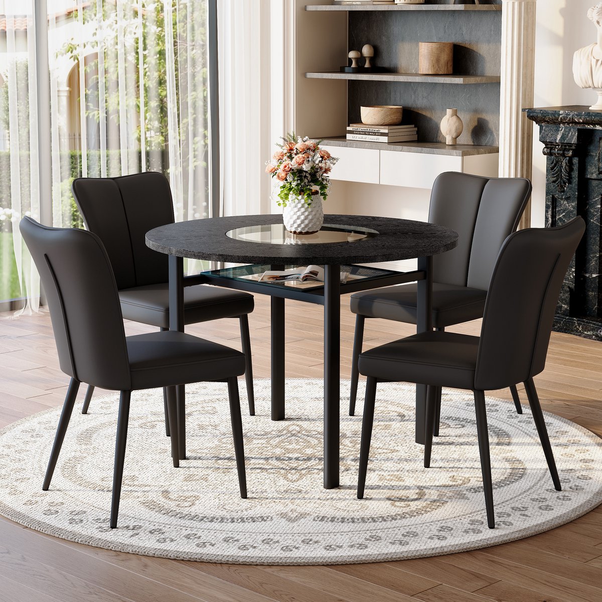 Moderne minimalistische ronde tafelset (met 4 zwarte fauteuils van PU-materiaal en zwarte metalen poten), ronde tafel met een diameter van 100 cm in zwart houtlook, geschikt voor woonkamer etc.
