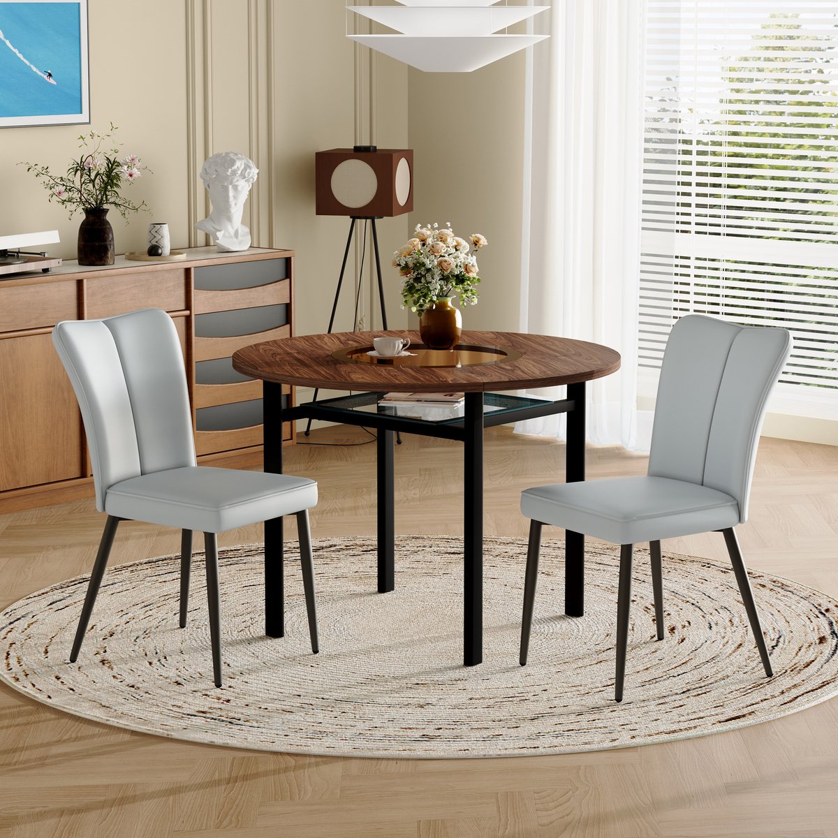 Moderne minimalistische ronde eettafelset (met 2 lichtgrijze PU-stoelen), ronde tafel met een diameter van 100 cm in houtlook, geschikt voor eetkamer en keuken.