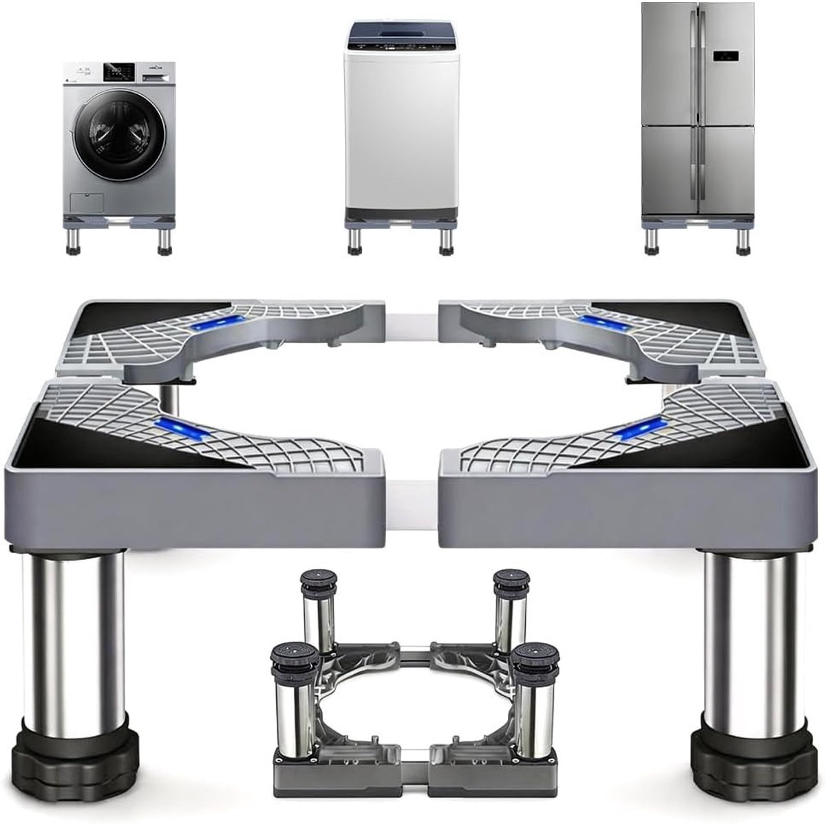 Verstelbaar onderstel voor wasmachines en koelkasten met antislip functie, hoogte 18-21 cm, belastbaar tot 200 kg, ideaal voor stabiliteit en schokdemping