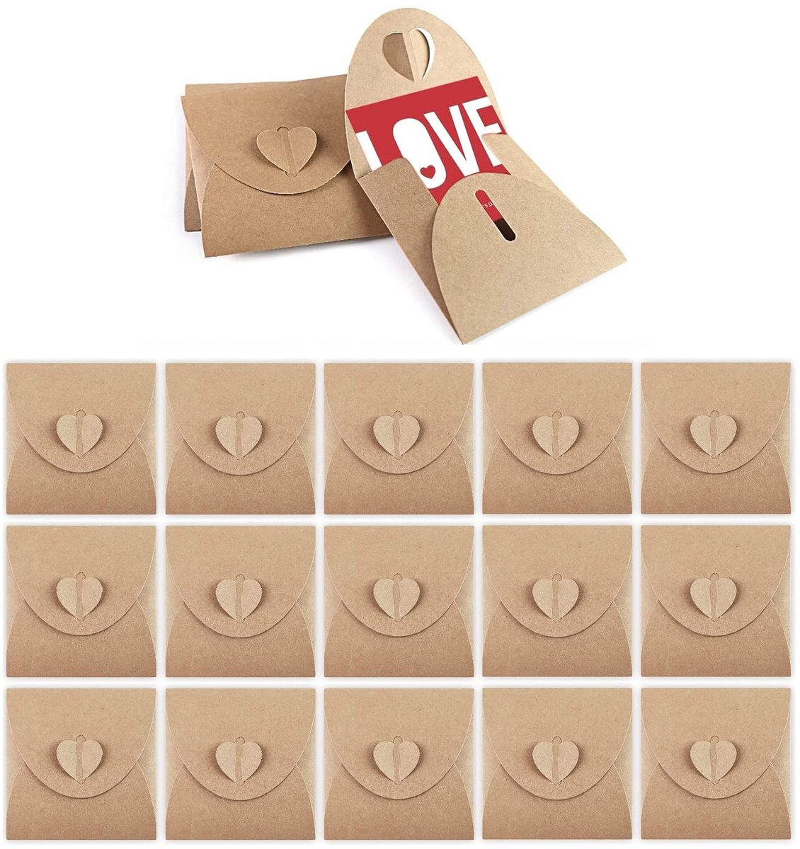 Dailygoods- Enveloppen 50 Stuks - Kraftpapier - Hartenveloppen - Cadeau-Envelop - DIY Creatie - 13x13 cm - Bruin