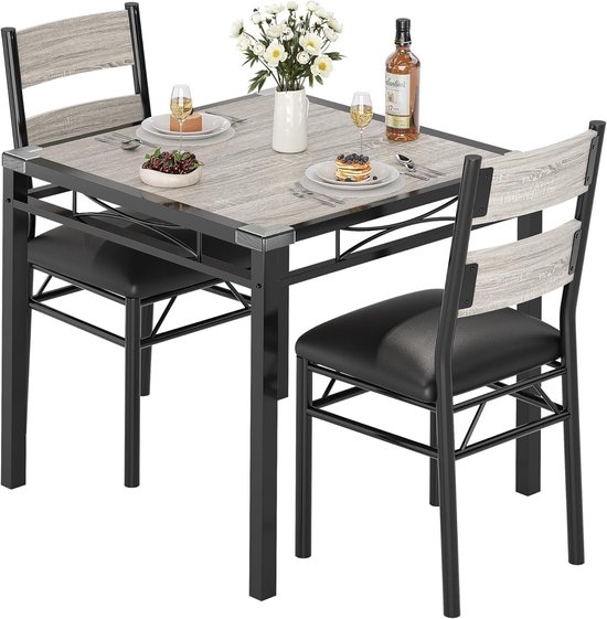 3-delige Eettafel Set voor 2 Personen - Compacte Keukentafel met 2 Gestoffeerde Stoelen - Industrieel Design - Hout en Metaal - 74x74x76 cm - Grijs