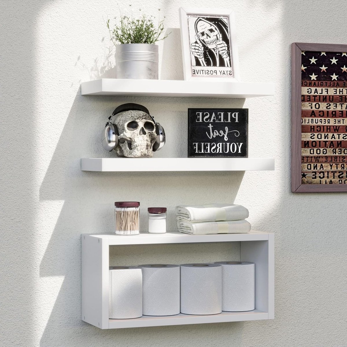 Set van 3 Witte Wandplanken voor Badkamer, Modern Ontwerp met Onzichtbare Beugels, Ideaal voor Opslag in Badkamer, Slaapkamer en Keuken