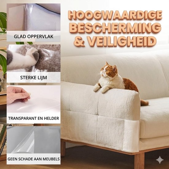 Links: close-ups van beschermfolie. Rechts: witte en oranje kat op bank. Tekst: Hoogwaardige bescherming & veiligheid.
