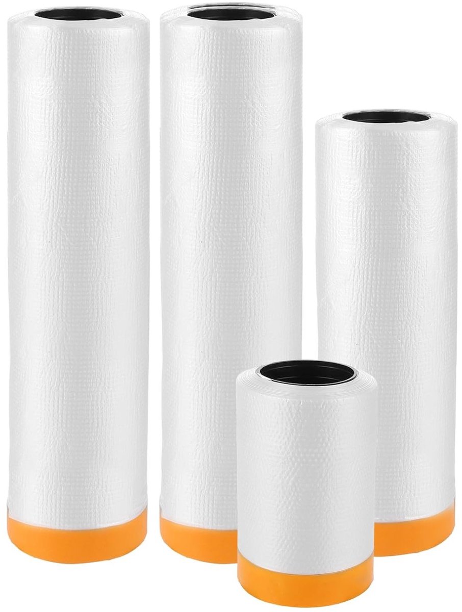 4 Rollen Schilderfilm, 55 cm x 16 m, 150 cm x 16 m, 280 cm x 10 m, Transparante PE Film met Plakband voor Stofbescherming en Schilderwerk