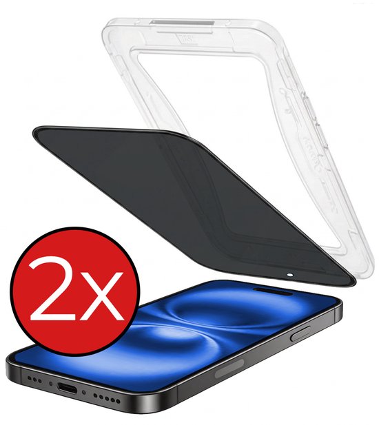 Twee privacy screenprotectors en een installatie frame voor een iPhone, met een rode cirkel met "2x".