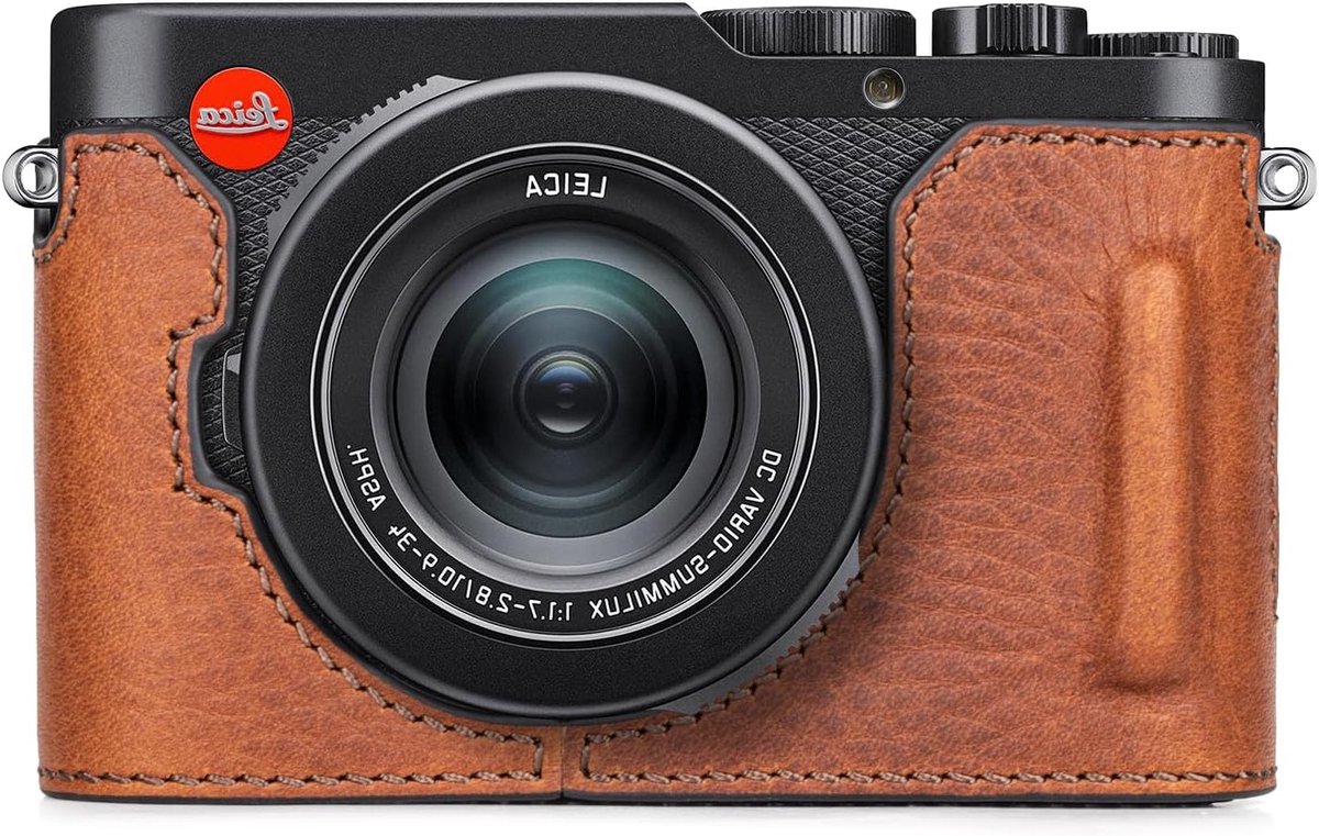 Beschermende leren halfcase voor Leica D-LUX 8 camera met retro stijl, handgreep en open onderkant - Bruin