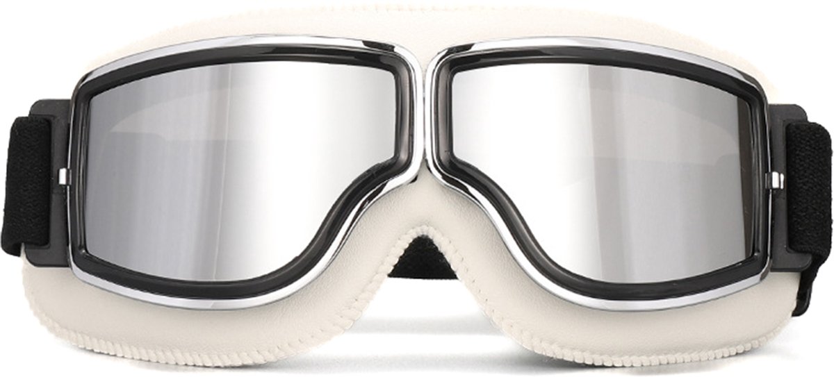 KIMU® Goggles Motorbril Skibril - Bril Wit Montuur - Zilveren Spiegelglazen - Leatherlook Pilotenbril Vintage Motor Retro Steampunk Lederen Heren Festival