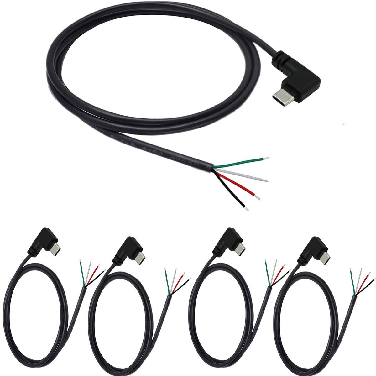 Dailygoody - USB Type-C Plugs - Pack van 5, 90 Graden Hoek, 28 AWG, 3A, 100 cm