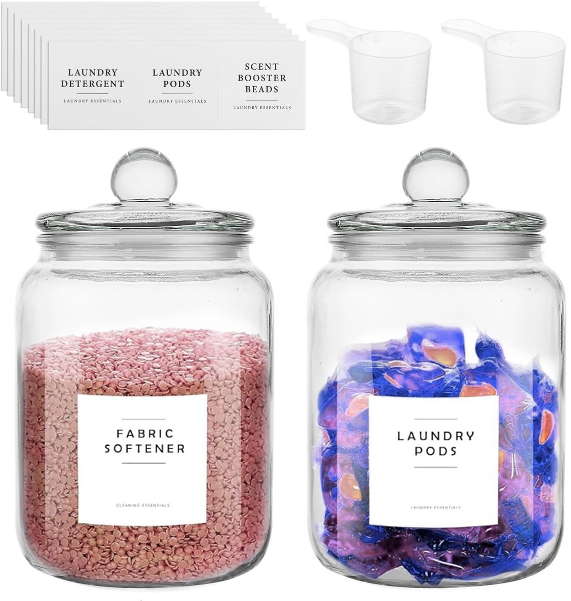 Dailygoody - Wasmiddelpods - Opbergpotten - Glazen containers - Luchtdicht - Voorraadpotten - Organiseer je wasmiddel - Wit - 2 x 2 liter