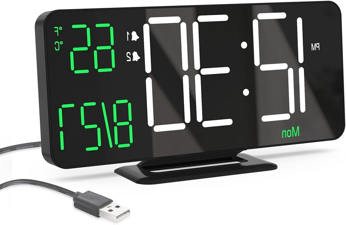 Digitale Klok voor Slaapkamer en Woonkamer, 6.7 Inch, Zwart, Automatische Dimming, Datum, Weekdag, Binnen Temperatuur, Alarmfunctie