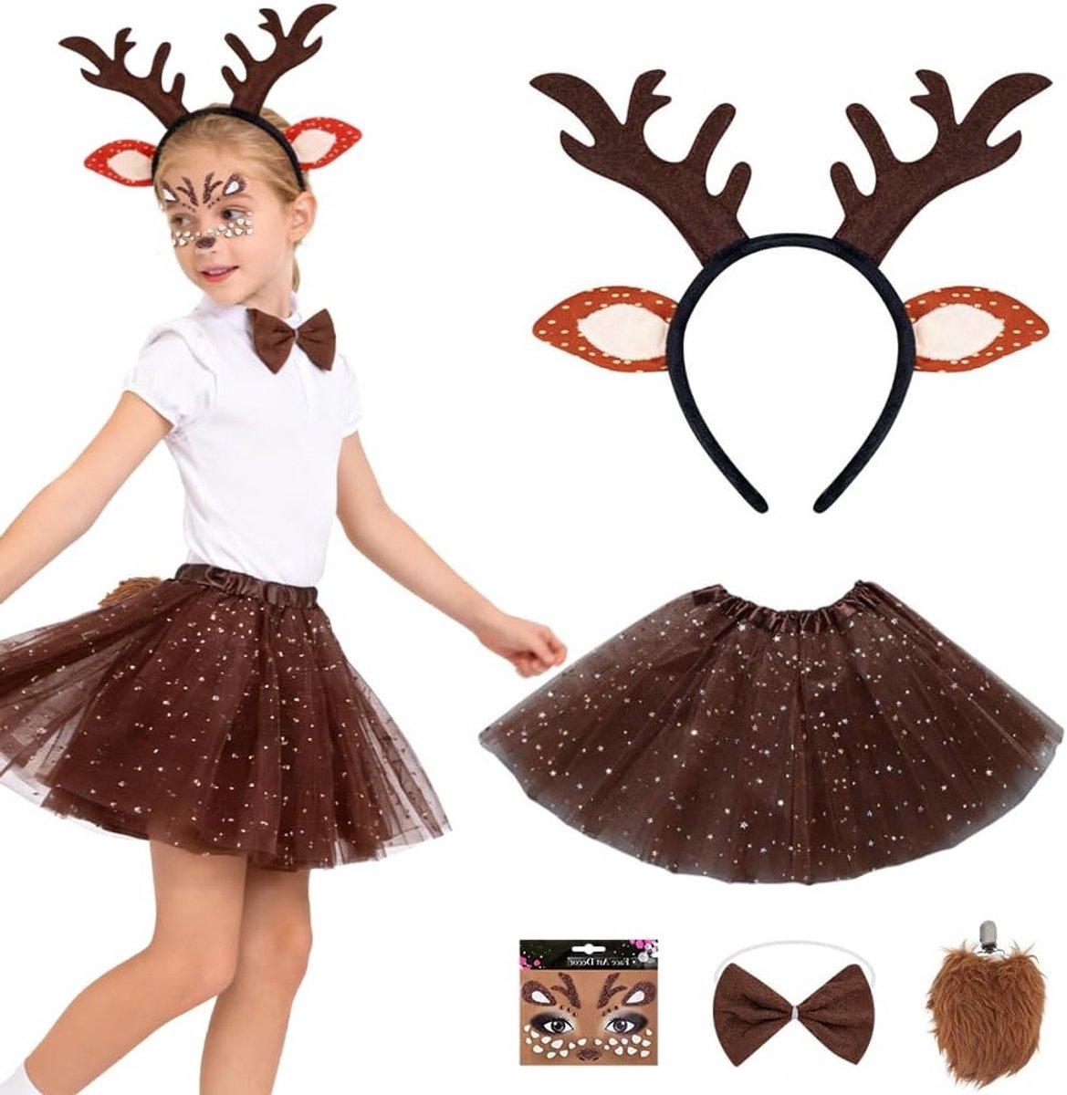 5-in-1 Rendier Kostuum voor Kinderen met Tulle Rok - Bruin Rendier Kostuum voor Meisjes en Vrouwen voor Carnaval en Cosplay Feestjes