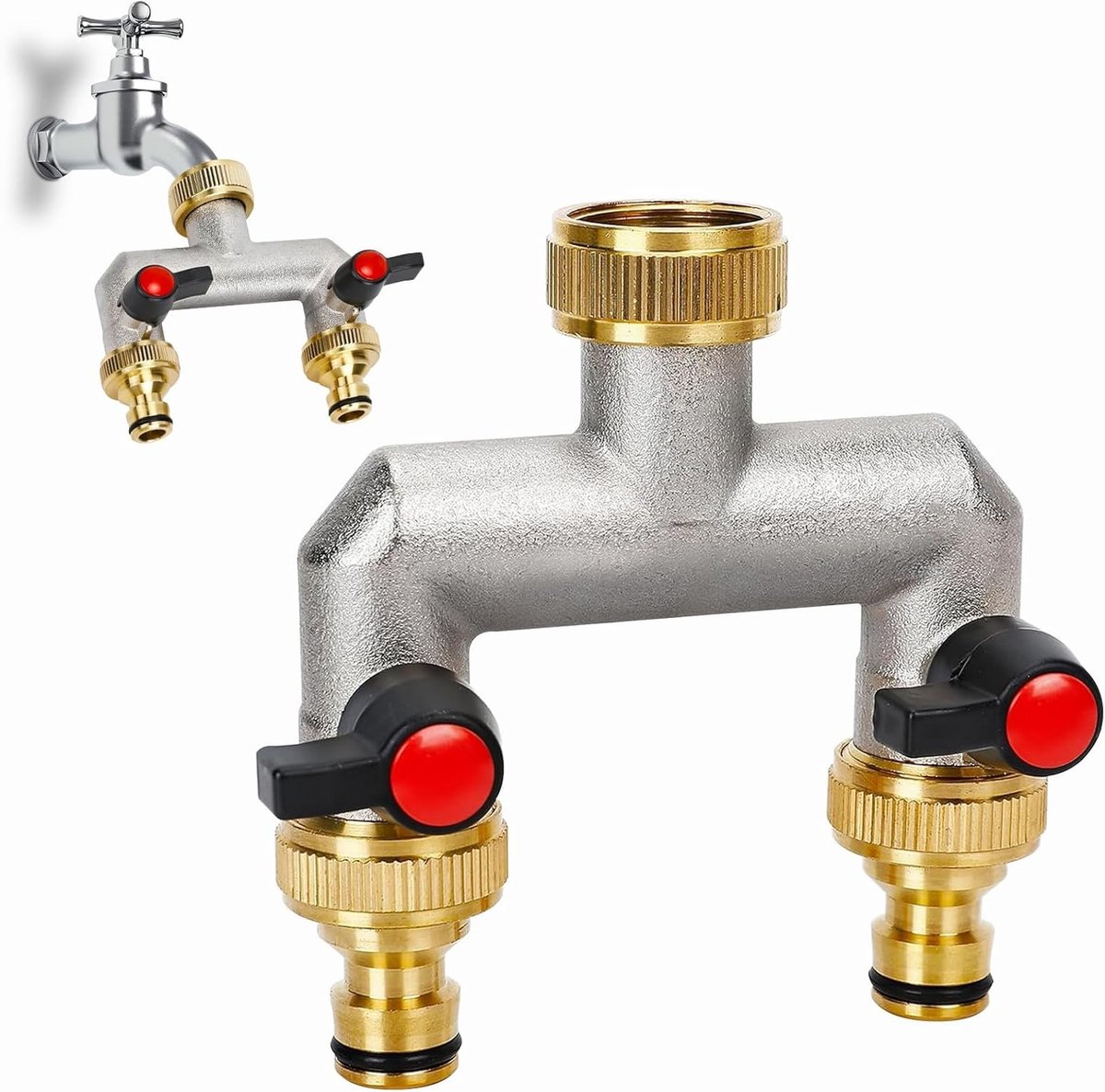Waterverdeler voor 2 apparaten: 3/4 inch messing met nikkelcoating, ideaal voor waterbeheer en afsluiten van de watertoevoer