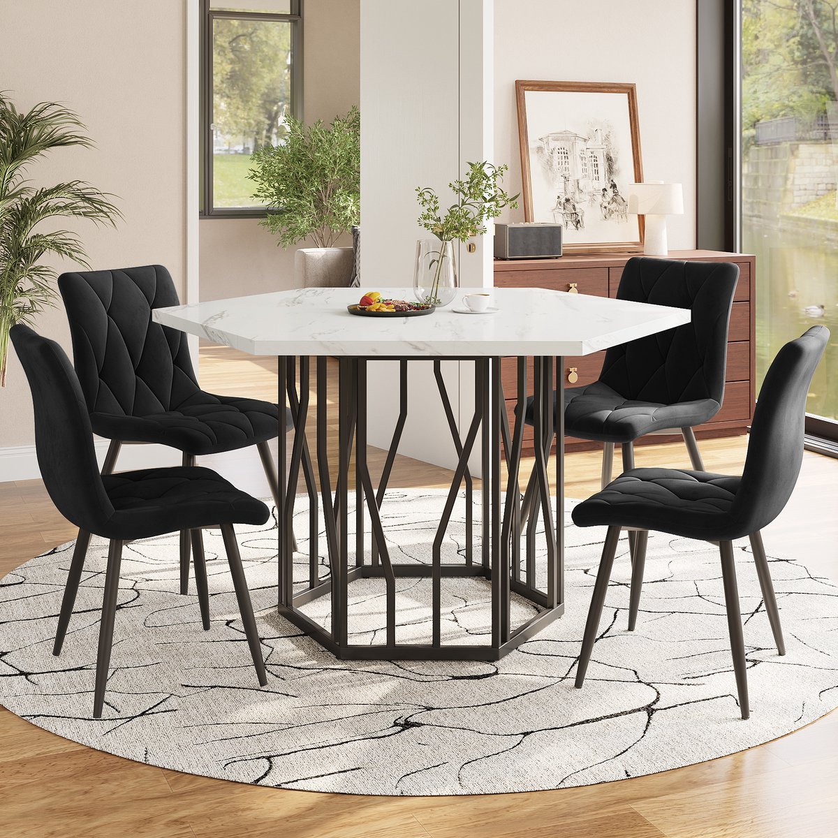 Eettafelset - 5-delig - Zeshoekige Marmeren Tafel + 4 Stoelen - Modern Restaurant Sfeer - Marmer - Zwart