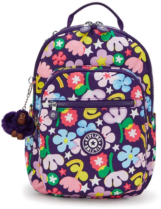 Sac à dos violet avec imprimé floral coloré, étoiles et boucles jaunes, avec poche avant et porte-clés singe.