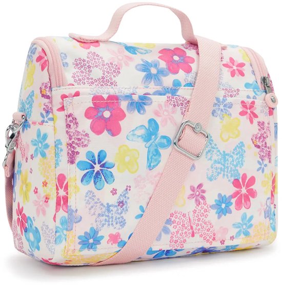 Wit lunchtasje met bloemenprint in roze, blauw, geel, paars. Roze randen, hengsel en schouderband.