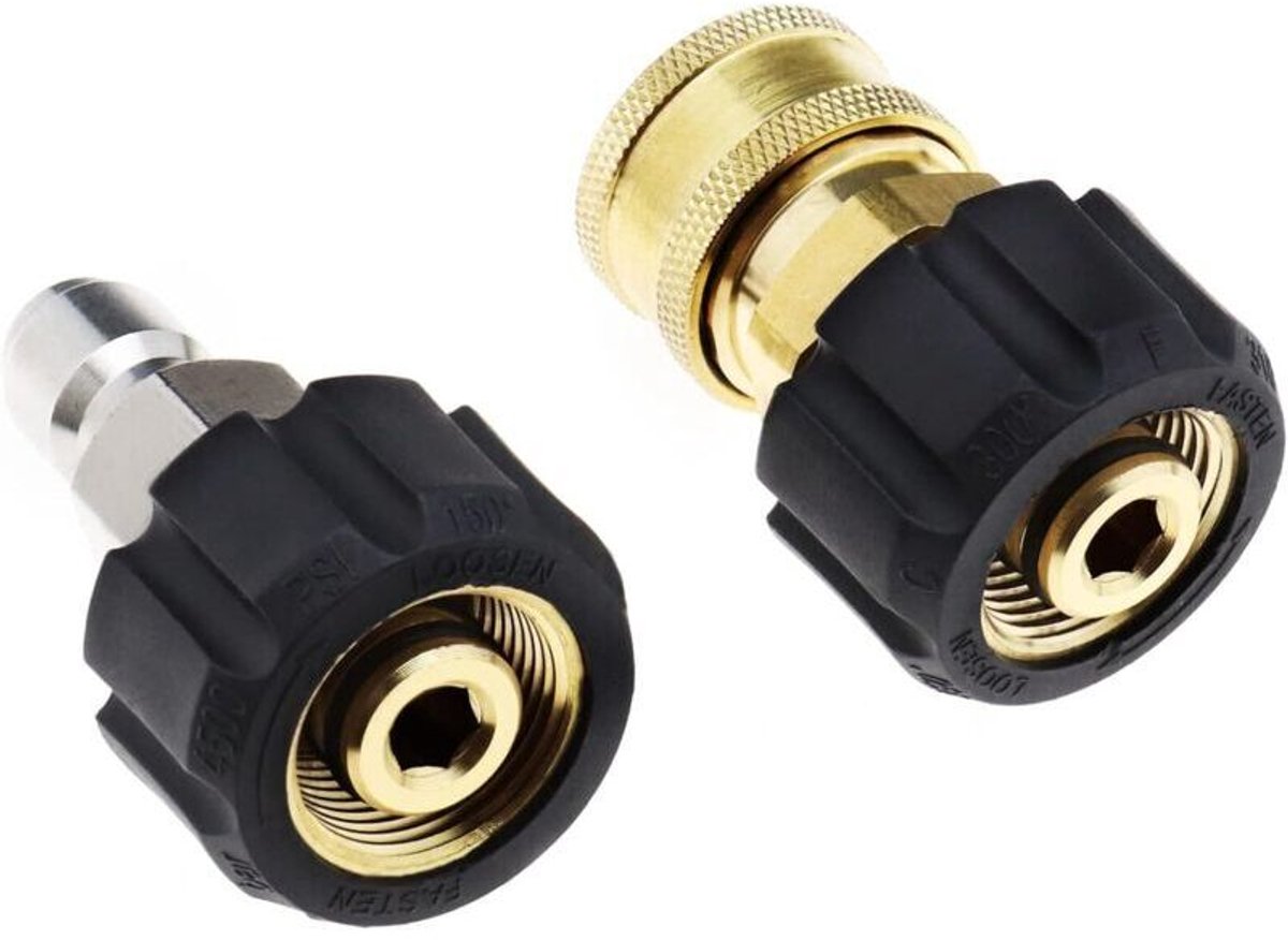 Twee slangkoppelingen geschikt voor hogedrukreinigers: één met binnendraad naar 3/8 inch snelkoppeling en de andere met 3/8 inch snelkoppeling naar M22 14 mm binnendraad.