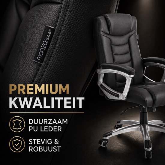 Zwarte bureaustoel van PU-leer met zilverkleurig frame, met tekst over premium kwaliteit.