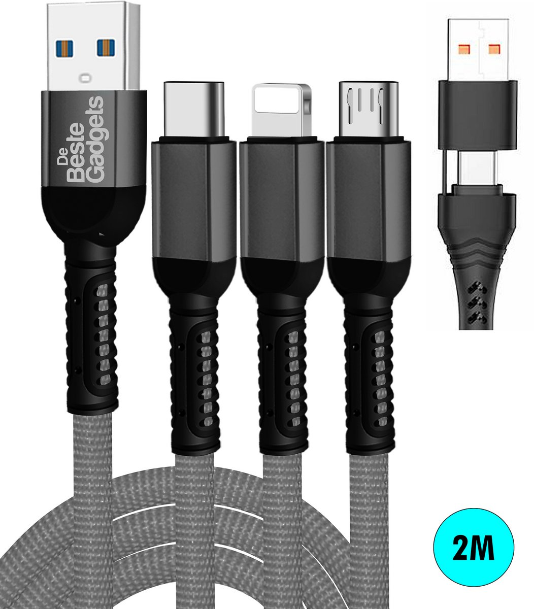 Bol.com De Beste Gadgets Oplaadkabel 3 in 1 Grijs - Lightning/USB-C/MicroUSB 2.0m - Geschikt voor iPhone, iPad en Android appara... aanbieding