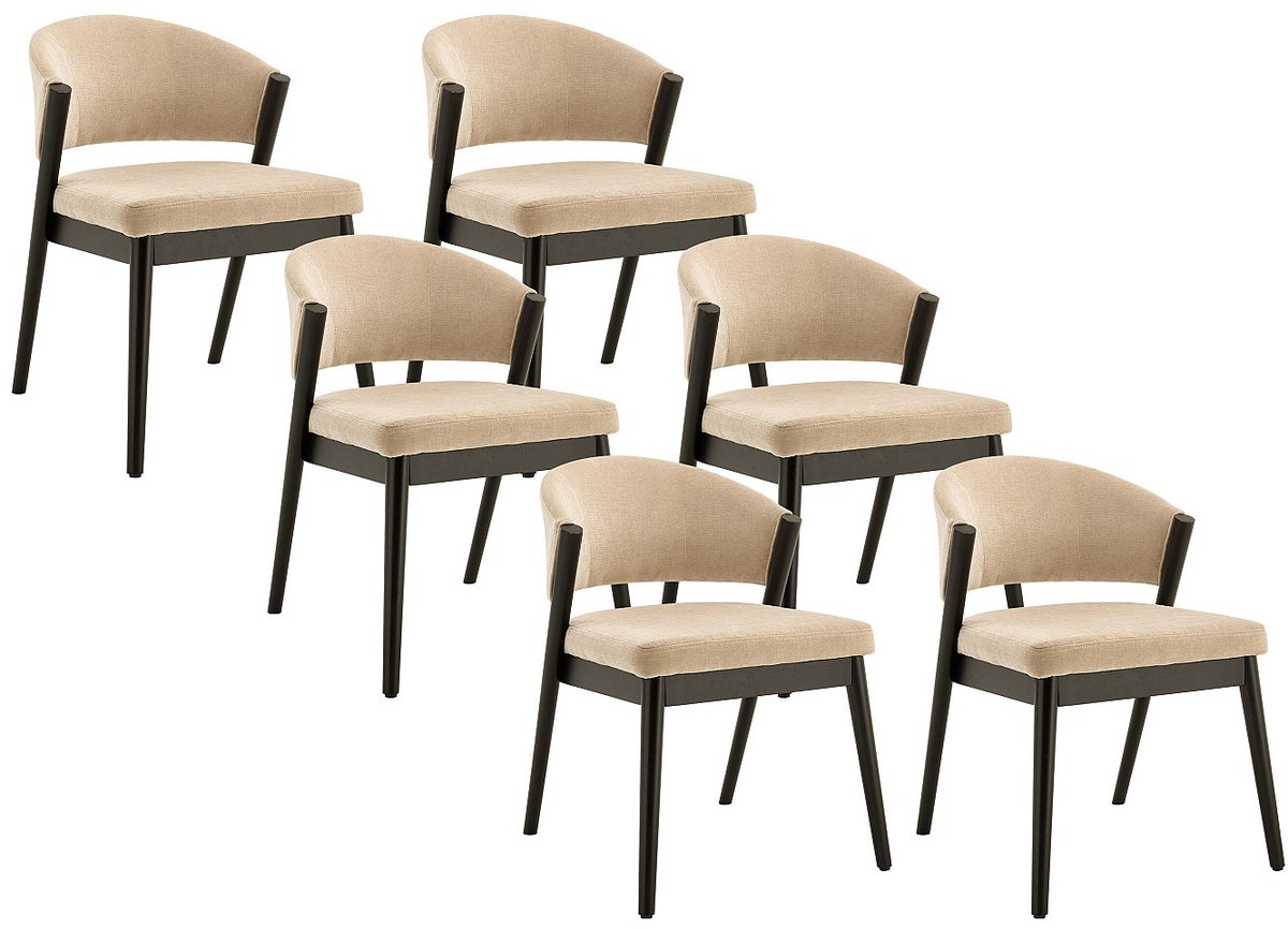 Vente-unique Set van 6 stoelen van stof en zwart rubberhout - Beige - ZELVYN