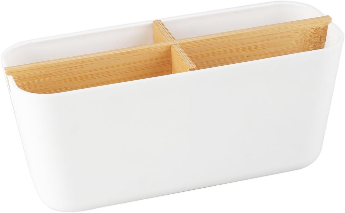 Wooden Desk Organiser, Other Storage Organizer with 2 Removable Compartments, Desk Storage Box, Remote Control Holder - ShopVlot