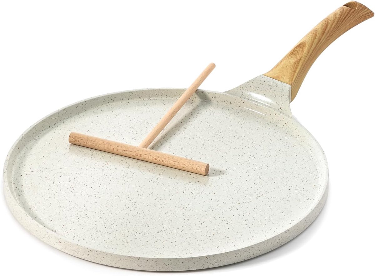 OLOEY Antiaanbak crêpepan met spatel-20cm(7.87 inch) natuurlijke keramische coating-dosa-pan-pannenkoekenpan-platte koekenpan-tawa bakplaat met hittebestendige handgreep-geschikt voor inductie(wit)