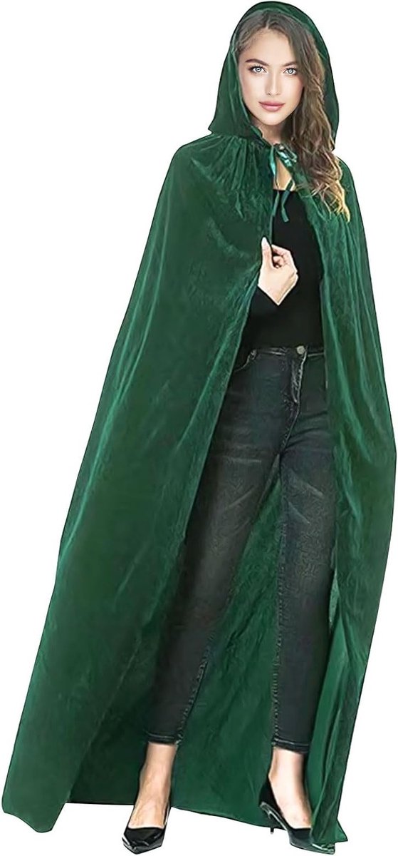 140 cm Groene Halloween Cape met Kap van Velours voor Volwassenen en Kinderen, Perfect voor Carnaval en Themafeesten