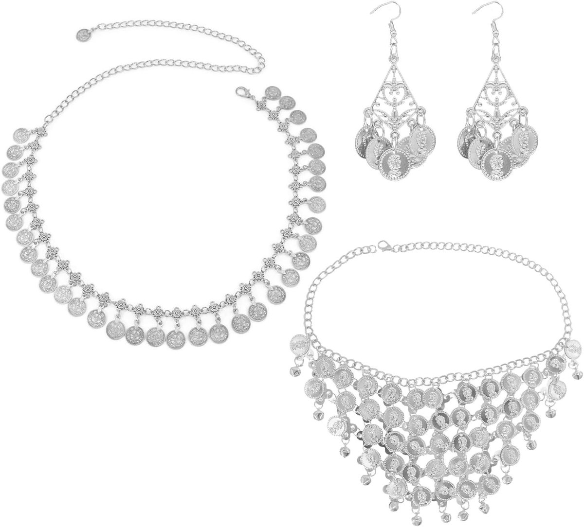 Cleopatra Kostuumaccessoires Set met Zilveren Haarspelden en Ketting voor Feestjes, Buikdansshows en Themapartijen