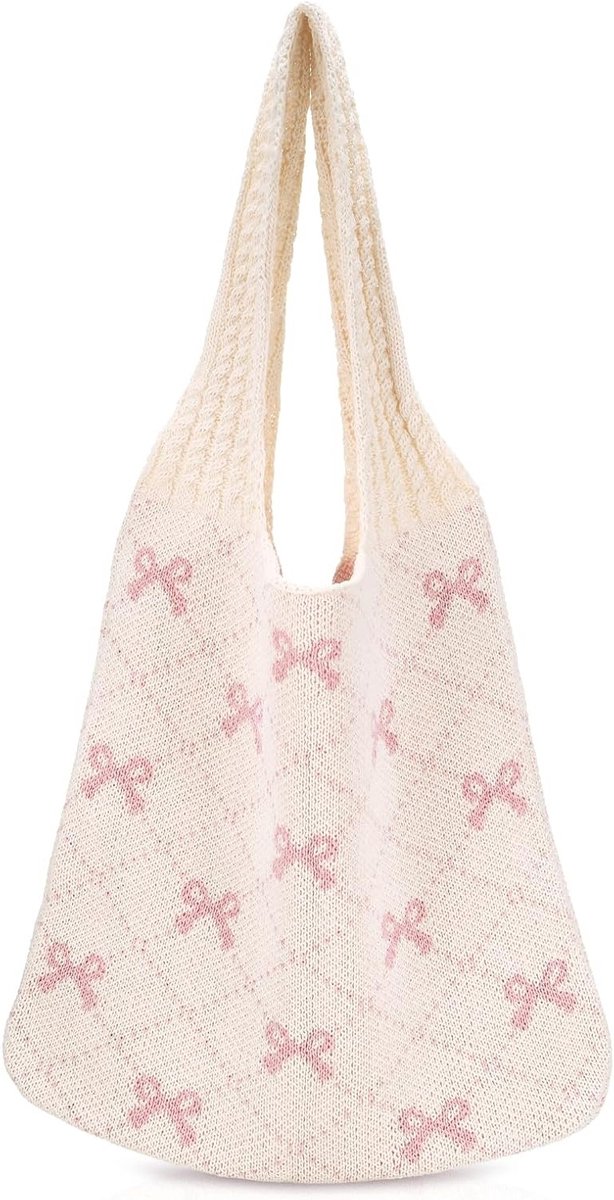 Handgehaakte Tote Bag voor Dames, Ideaal voor Zomer, Strand, Winkelen en Reizen, Roze Met Strik