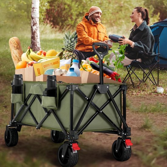 RUX® Strandkar - Bolderkar Opvouwbaar - Bolderwagen Voor Alle Terreinen - Boodschappenwagen Met Brede Banden En Handige Opbergruimtes - Tuinkar Met Verstelbare Handgreep - Winkeltrolley 150 kg Opbergruimte - Groen - 90cm x 58cm x 51cm van Merkloos — afbeelding 4