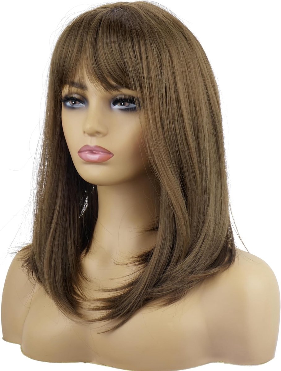Medium Lange Bruine Haarwig voor Vrouwen met Bangs - Natuurlijke Rechte Synthetische Bob Haarwig van 16 Inch voor Dagelijks Gebruik en Halloween Kostuum
