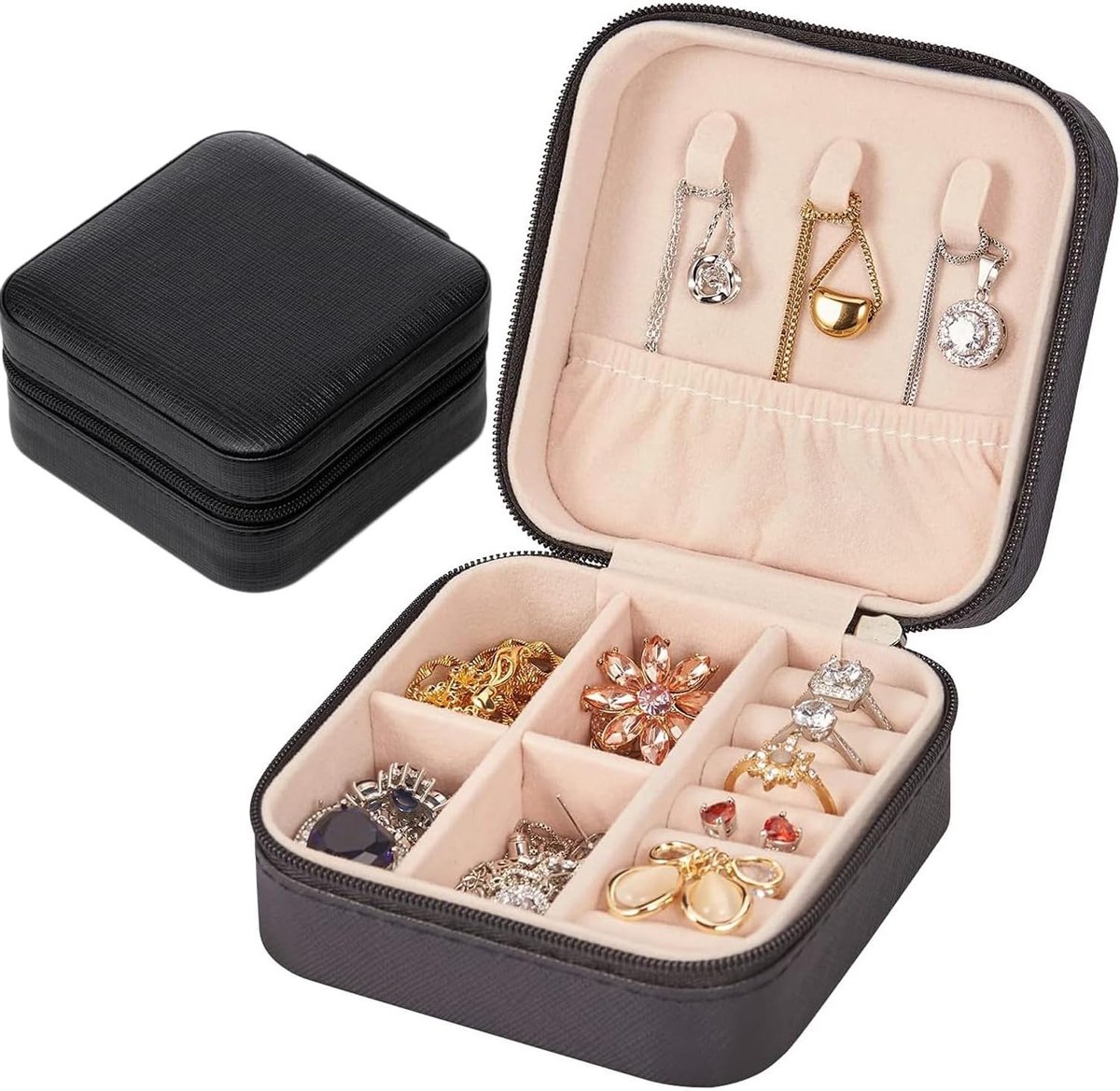 Elegante Reiskosmetiekoffer van PU Leer voor Sieraden, Oorbellen, Halskettingen en Ringen (Zwart)