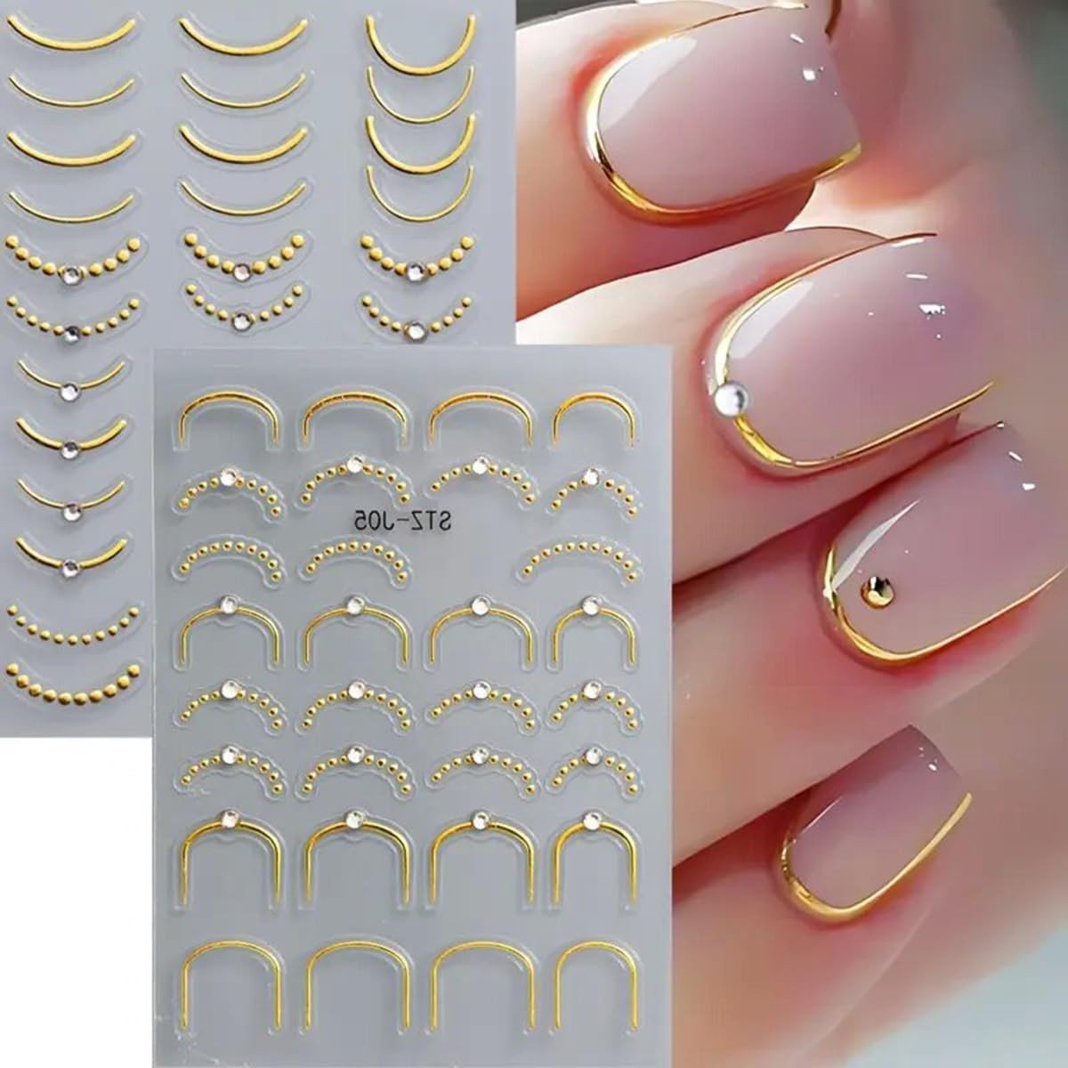 Franse Lijn Nagelkunst Stickers met 5D Reliëf en Strass - Decoratieve Nagelstickers voor Creatieve Nagelontwerpen en Manicure