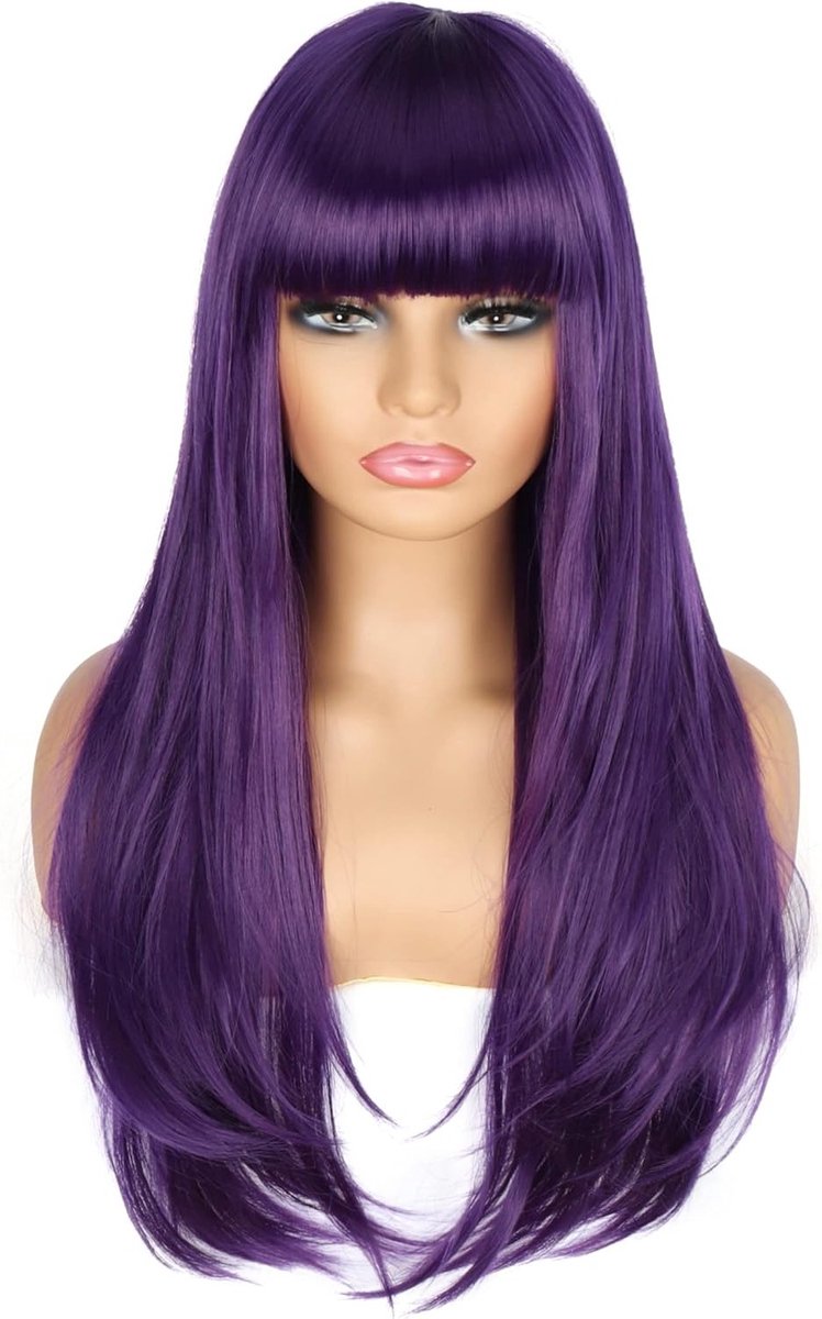 Lange Paarse Pruik voor Vrouwen, Gelaagd Steil Synthetisch Haar met Pony voor Cosplay, Feest en Halloween Kostuum