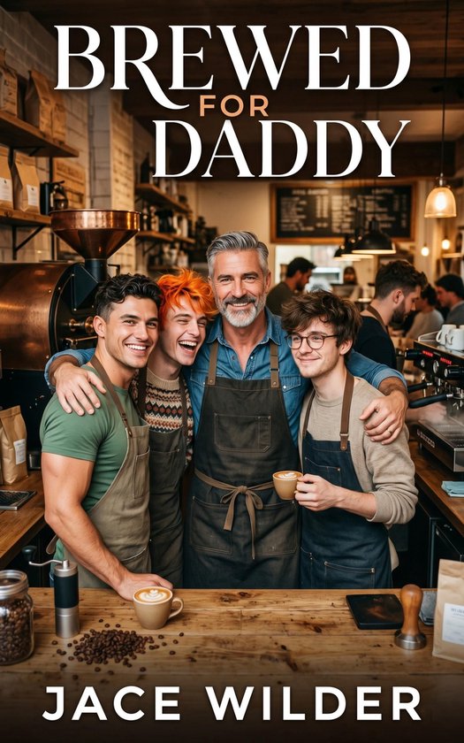 Boekcover met de titel 'BREWED FOR DADDY' in grote witte letters. Een grijzende man met baard staat in het midden, omringd door drie jongere mannen. Ze staan in een koffiebar.