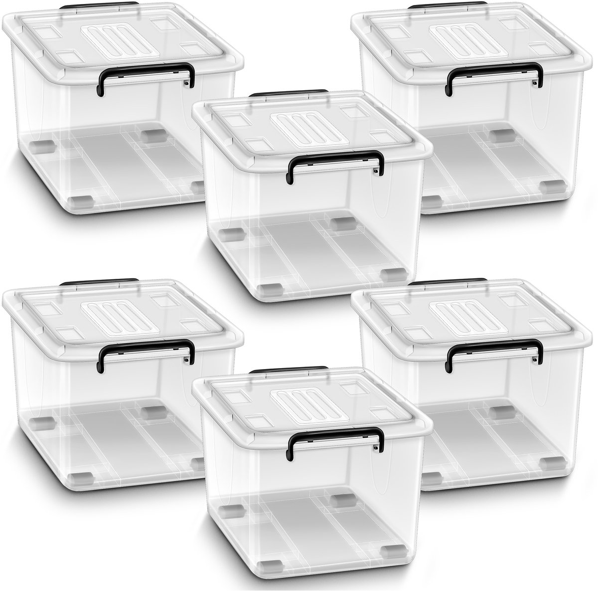 tillvex® Opbergdozen met Deksel Set van 6 en 42l Levensmiddelenecht Kunststof Set Stapelbaar | Transparante Opbergbox Ordnungssysteem Groot | Kledingboxen 100% Nieuw Materiaal BPA-vrij met Wieltjes & Sluitclips