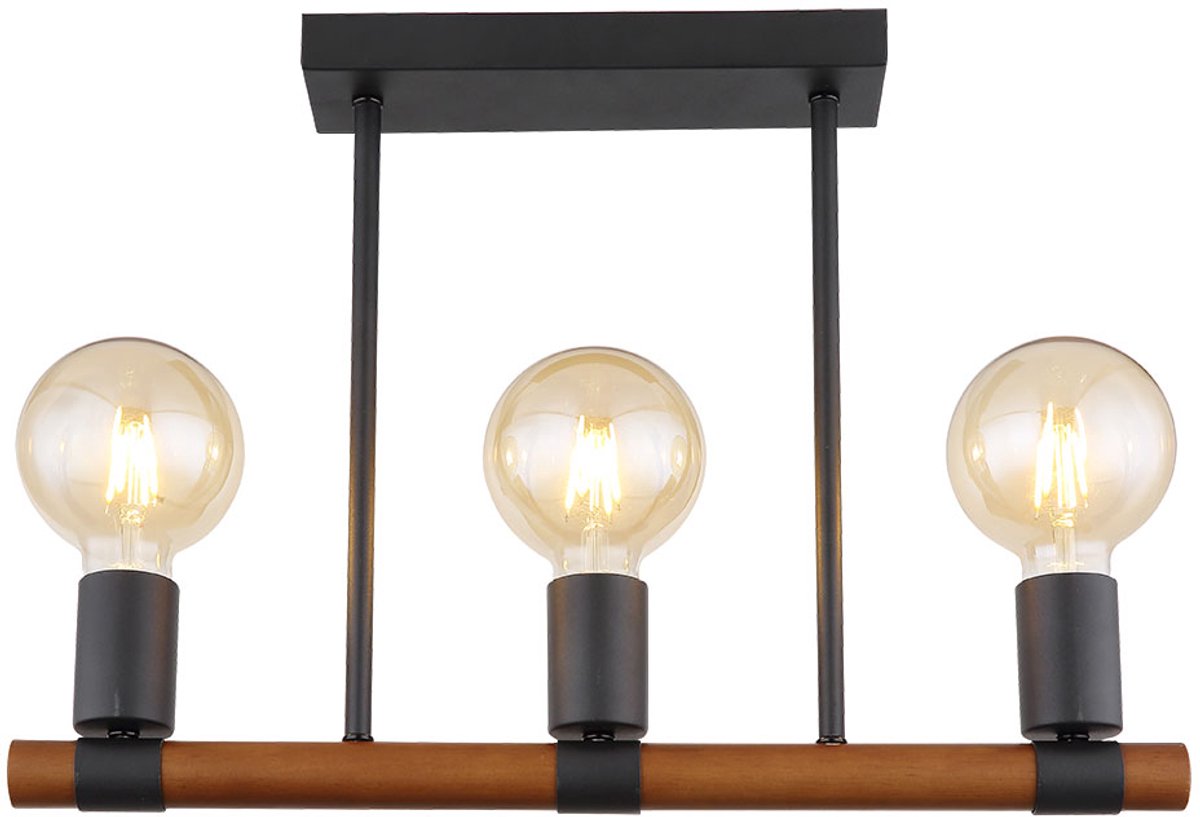 Globo Plafondlamp Woonkamerlamp Eettafellamp Houten lamp Houten lamp, 3 vlammen retro, metaal zwart houten balk bruin, E27, LxBxD 49x6x35cm